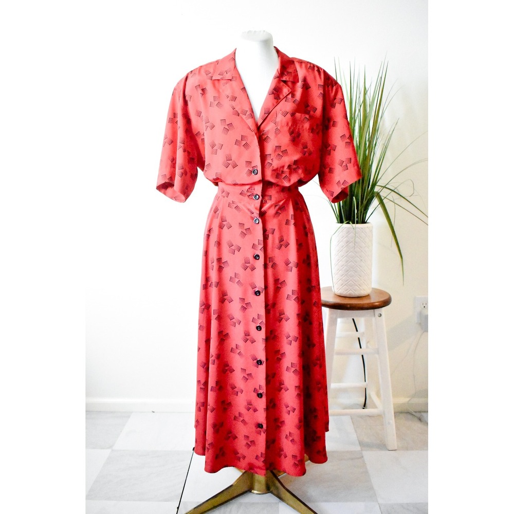 Liz Claiborne Shirt Dress Womens 12 Red 80s Shoulder Pad Geometric Midi 241 - Picture 1 of 10
